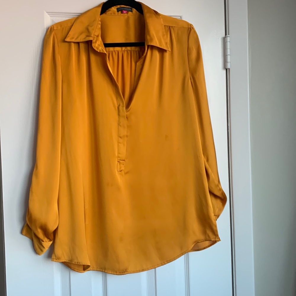 Vince Camuto Mustard V Neck Silky Long Sleeve Blouse